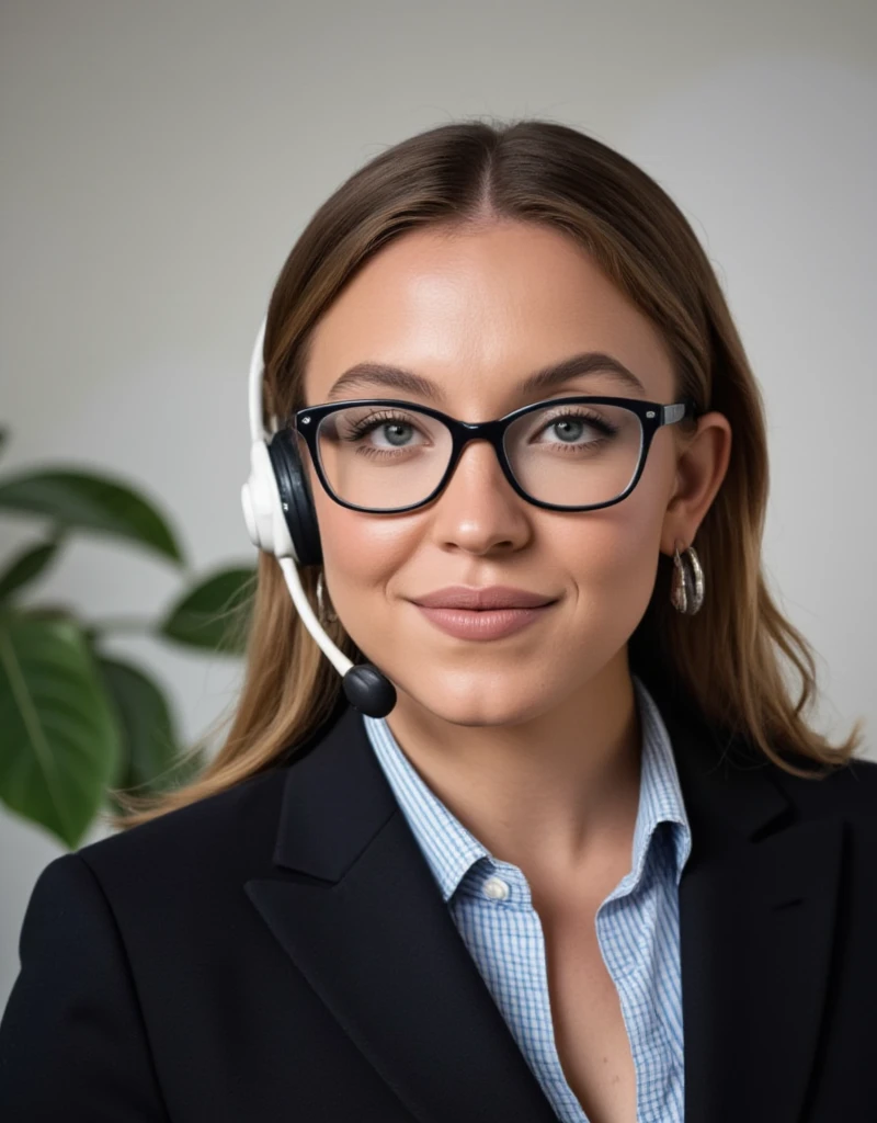 Emily, the customer care specialist, has a warm and welcoming appearance that puts customers at ease. She wears sleek, black-framed glasses that accentuate her attentive and intelligent gaze. Her shoulder-length brown hair is neatly pulled back in a professional ponytail, revealing a stylish headset with a noise-canceling microphone that ensures clear customer communication. Emily's friendly smile is a constant reminder of her empathetic nature, making her the ideal representative for any customer service interaction, hyper-realistic photography, 8k, indirect lighting --s 750