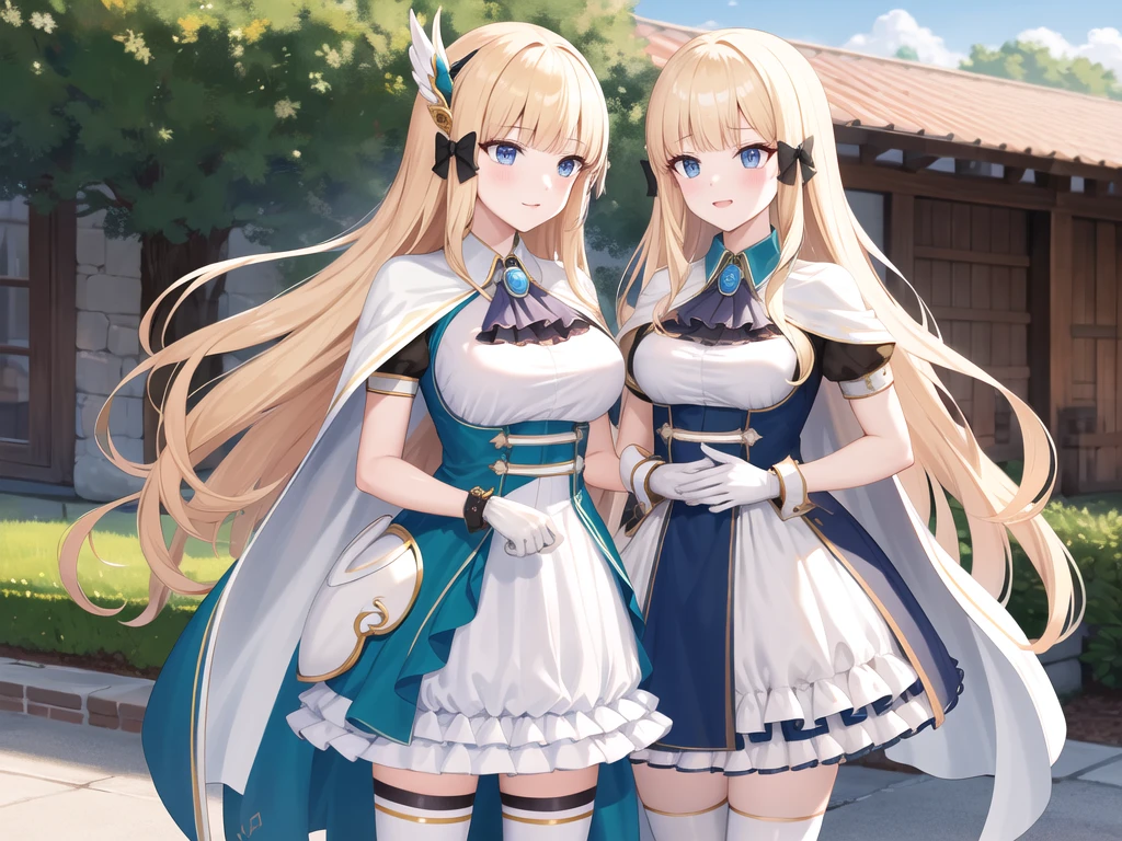 masterpiece, best quality, highres, aasaren, long hair, blonde hair, hair bow, black bow, hair ornament, blunt bangs, pointy ears, large breasts, brooch, white cape, aqua dress, underbust, short sleeves, white gloves, white skirt, frilled skirt, white thighhighs, standing, cowboy shot, outdoors