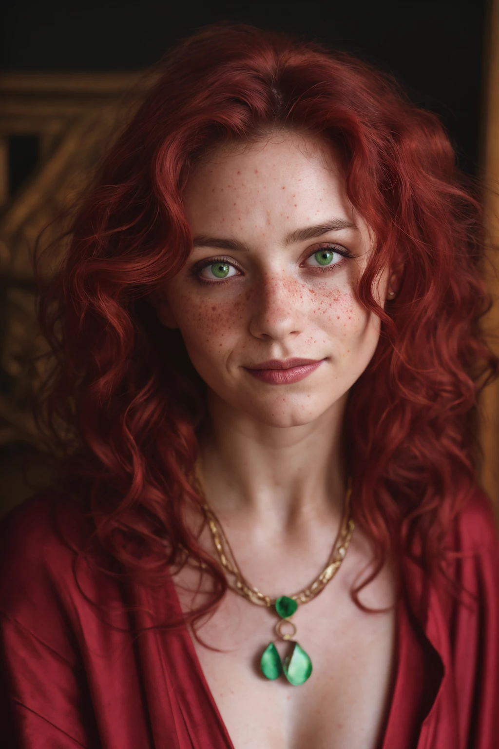 (close-up, editorial photograph of a 30 year old woman), (highly detailed face:1.4) (smile:0.7) (background inside dark, moody, private study:1.3) POV, by lee jeffries, nikon d850, film stock photograph ,4 kodak portra 400 ,camera f1.6 lens ,rich colors, hyper realistic ,lifelike texture, dramatic lighting , cinestill 800, wavy hair, messy hair, curls, Mischievous smirk, Red hair, green eyes, freckles, Crimson Cloak, Purple Robe, Jewels, Necklace, Witchcraft, Red Aura, European woman, European skin, European expression, Astral Plane, Scarlet Woman, Babalon, Thelema