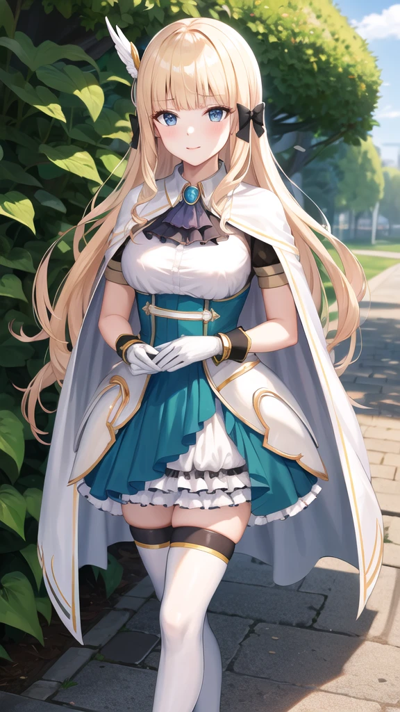 masterpiece, best quality, highres, aasaren, long hair, blonde hair, hair bow, black bow, hair ornament, blunt bangs, pointy ears, large breasts, brooch, white cape, aqua dress, underbust, short sleeves, white gloves, white skirt, frilled skirt, white thighhighs, standing, cowboy shot, outdoors