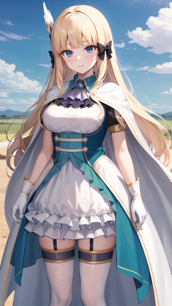 masterpiece, best quality, highres, aasaren, long hair, blonde hair, hair bow, black bow, hair ornament, blunt bangs, pointy ears, large breasts, brooch, white cape, aqua dress, underbust, short sleeves, white gloves, white skirt, frilled skirt, white thighhighs, standing, cowboy shot, outdoors