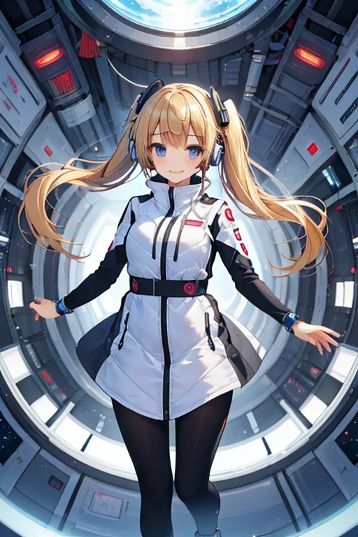 masterpiece, Best Quality, very detailed, 8K Portrait, Japanese Android Girl, plump, floating in zero gravity, dynamic floating pose with hands elegantly crossed behind back, space hotel bedroom, control panel, Robotic arms and legs, short bang, BREAK (Metallic Gray, Metallic luster, Milonish, Astro Best):5, headphones:5, BREAK (black sleeve):100, Smart Watches, futuristic space station interior, modern space hotel room, zero gravity jump motion, hair floating weightlessly, BREAK (blonde hair):2, (twin tails):1.5, blue eyes, Watch Viewers, (Artificial respirator), BREAK blush:3, playful floating pose, gentle smile, hair ribbons flowing in zero gravity, suspended in air, weightless gesture