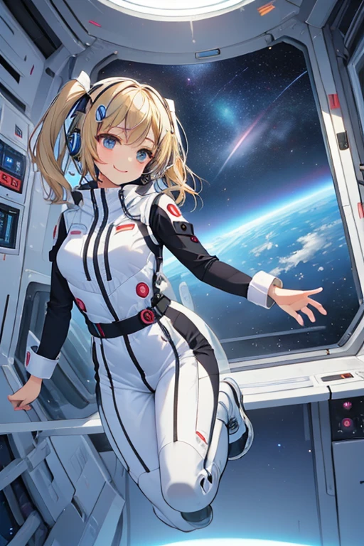 masterpiece, Best Quality, very detailed, 8K Portrait, Japanese Android Girl, plump, floating in zero gravity, dynamic floating pose with hands elegantly crossed behind back, space hotel bedroom, control panel, Robotic arms and legs, short bang, BREAK (Metallic Gray, Metallic luster, Milonish, Astro Best):5, headphones:5, BREAK (black sleeve):100, Smart Watches, futuristic space station interior, modern space hotel room, zero gravity jump motion, hair floating weightlessly, BREAK (blonde hair):2, (twin tails):1.5, blue eyes, Watch Viewers, (Artificial respirator), BREAK blush:3, playful floating pose, gentle smile, hair ribbons flowing in zero gravity, suspended in air, weightless gesture