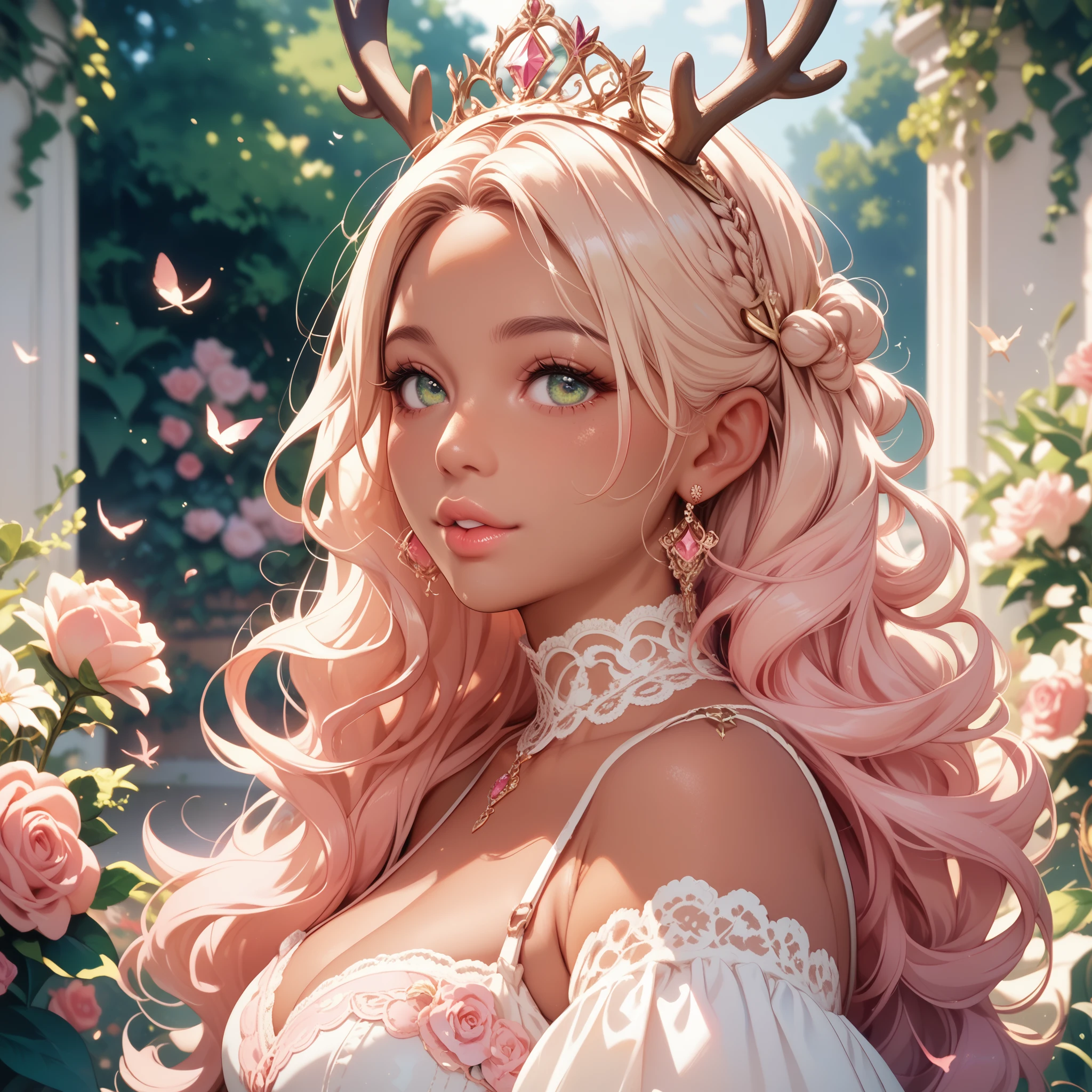 1woman with pink and blonde wavy hair, tanned skin, plump muave lips, pale green eyes, pink rosecrown, creme lace overall, antlers, highgeels, wearing a crown, standing in a flower garden