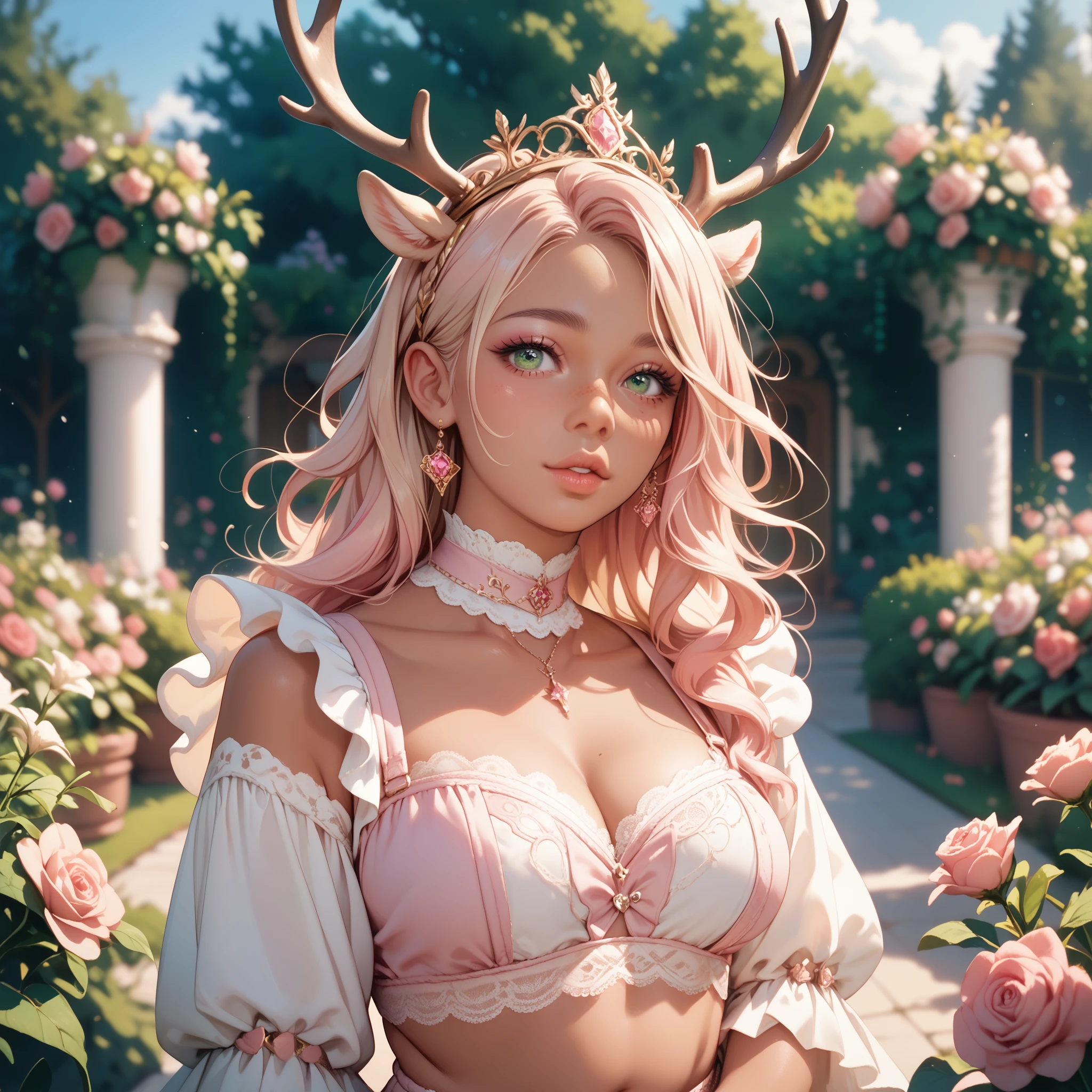 1woman with pink and blonde wavy hair, tanned skin, plump muave lips, pale green eyes, pink rosecrown, creme lace overall, antlers, highgeels, wearing a crown, standing in a flower garden, slender