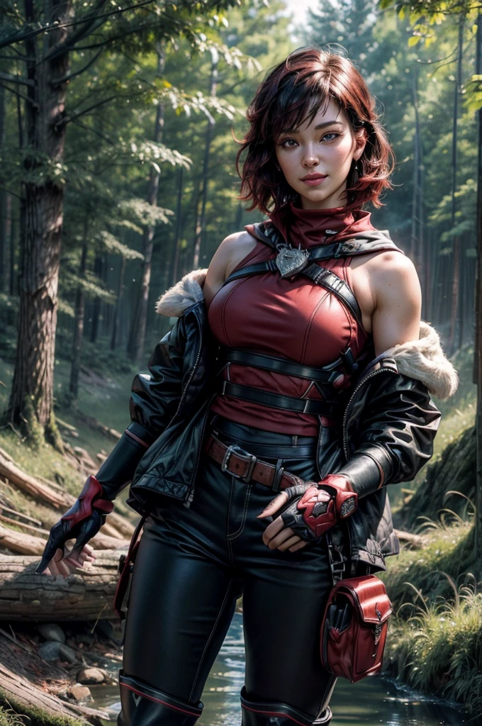 srwby, short hair, black hair, red hair, t-shirt, ski pants, boots, gradient hair, grey eyes, outdoors, standing, smiling, (cowboy shot), in forest, near log cabin, stream, crowd, intricate details, tonemapping, sharp focus, hyper detailed, (masterpiece,stunning girlfriend, heart shaped face, elegant face, beautiful face, highly detailed face, highly detailed skin, skin pores, subsurface scattering, realistic pupils, looking at viewer, full lips, detailed background, depth of field, atmospheric perspective, volumetric lighting, sharp focus, absurdres, realistic proportions, good anatomy, (realistic, hyperrealistic:1.4), 16k hdr,  