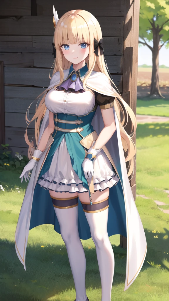 masterpiece, best quality, highres, aasaren, long hair, blonde hair, hair bow, black bow, hair ornament, blunt bangs, pointy ears, large breasts, brooch, white cape, aqua dress, underbust, short sleeves, white gloves, white skirt, frilled skirt, white thighhighs, standing, cowboy shot, outdoors