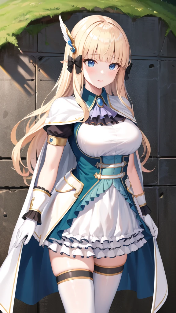 masterpiece, best quality, highres, aasaren, long hair, blonde hair, hair bow, black bow, hair ornament, blunt bangs, pointy ears, large breasts, brooch, white cape, aqua dress, underbust, short sleeves, white gloves, white skirt, frilled skirt, white thighhighs, standing, cowboy shot, outdoors