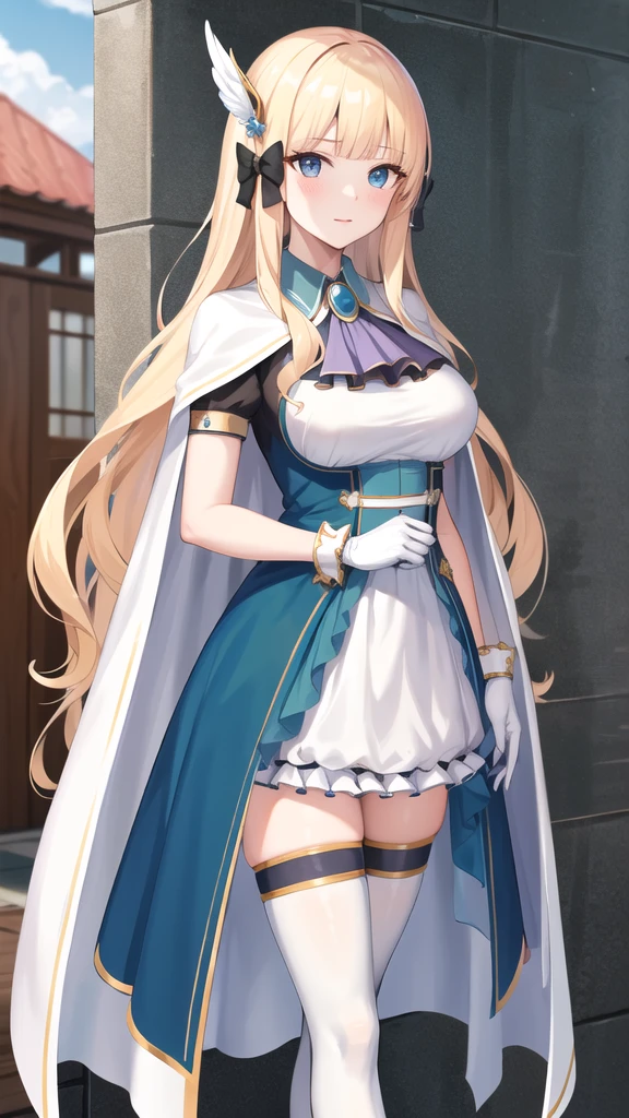 masterpiece, best quality, highres, aasaren, long hair, blonde hair, hair bow, black bow, hair ornament, blunt bangs, pointy ears, large breasts, brooch, white cape, aqua dress, underbust, short sleeves, white gloves, white skirt, frilled skirt, white thighhighs, standing, cowboy shot, outdoors