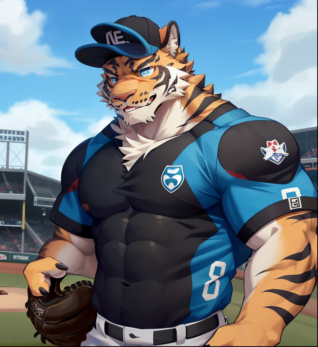 anthro, balls, Body fluids , fur, looks at the observer, Male, Multicolor body , multi-colored fur, muscular, Musk clouds,Alone, two-tone body, two-tone fur, (Lin Hu), Baseball cap, Baseballuniform, blue eyes,