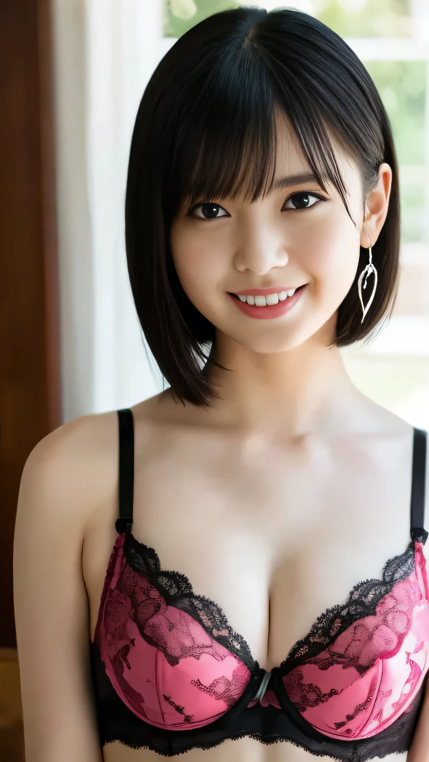 (8k,    RAW photo, Best Quality, Master:1.2), (Realistic, photo-Realistic:1.37), Super detailed,       1 girl, cute, Alone,          Detailed Face      ,  , ( Overwhelmingly Aggressive     ), (     provocative smile: 1.1), (shut up),  Ample breasts,       beautiful delicate eyes,  , (     Noble Underwear   : 1.1),  (      short hair: 1.2),       Flowing Hair      ,       Long eyelashes,       eyeshadow,       small face, Big Eyes,           Full Body Shot           ,Front View,       bed(    Bright Colored Bras    )Mature Beauty、   small earrings   