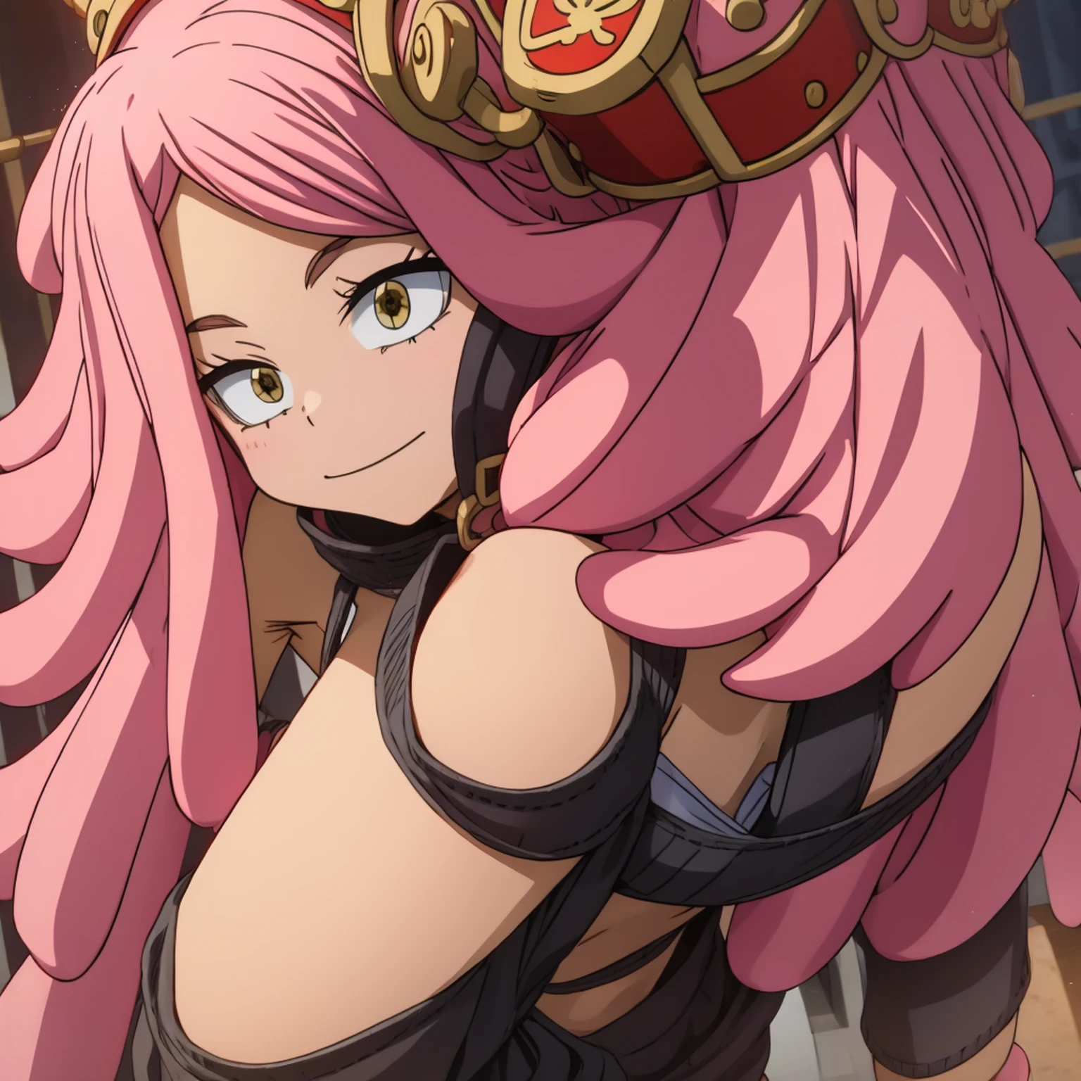 mei hatsume, yellow eyes, pink hair, medium hair, symbol-shaped pupils, large breasts,Mei is a girl with yellow eyes with her pupils in the shape of a crosshair and pink hair that is styled asymmetrically, with two longer strands on the right side of her face.(Wearing),+,(bikini)Hastume mei,lift your blouse, showing your ass