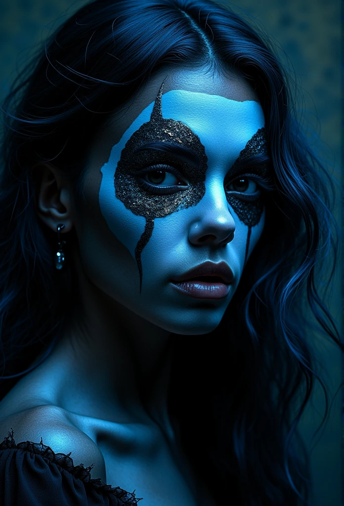 a beautiful black girl with blue skin, black hair with metallic blue highlights, empty eyes, wearing a porcelain mask with a jester-esque feel, high quality, 8k, hyperrealistic, intricate details, cinematic lighting, moody atmosphere, dramatic lighting, dark fantasy, surreal, concept art style