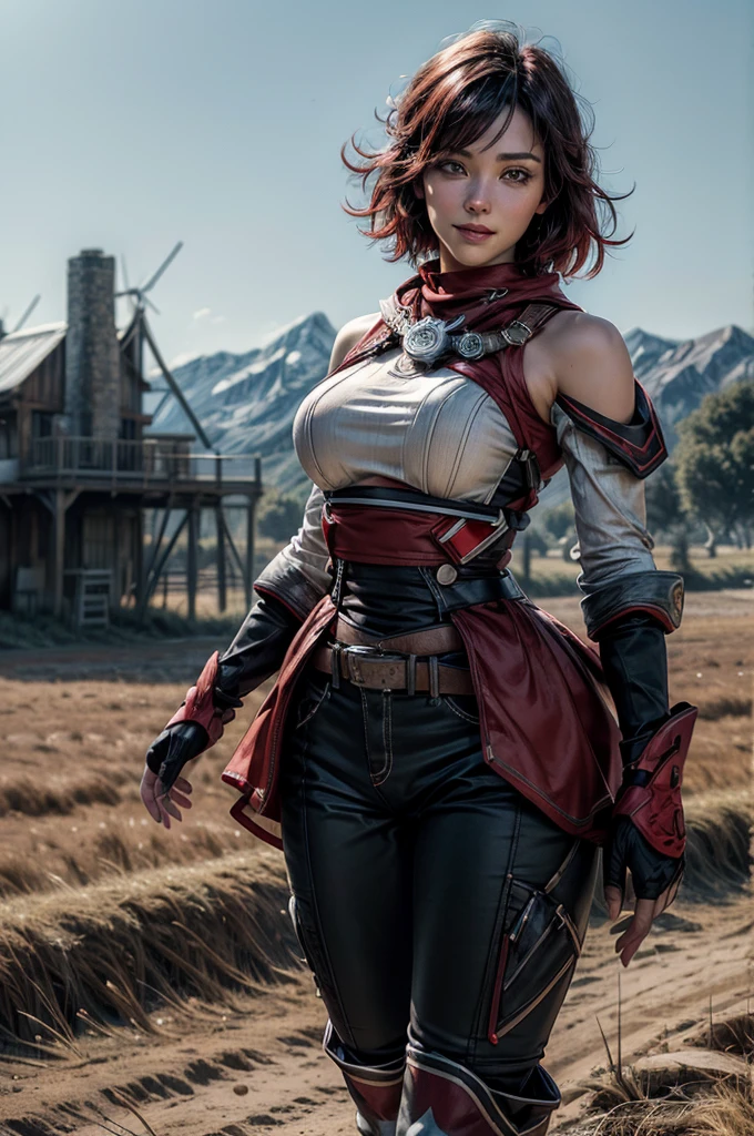 masterpiece, best quality, highres, aki1, izayoi aki, solo, gloves, elbow gloves, breasts, jewelry, cleavage, choker, necklace, black thighhighs, black gloves, large breasts, standing, cowboy shot, outdoors, full body view