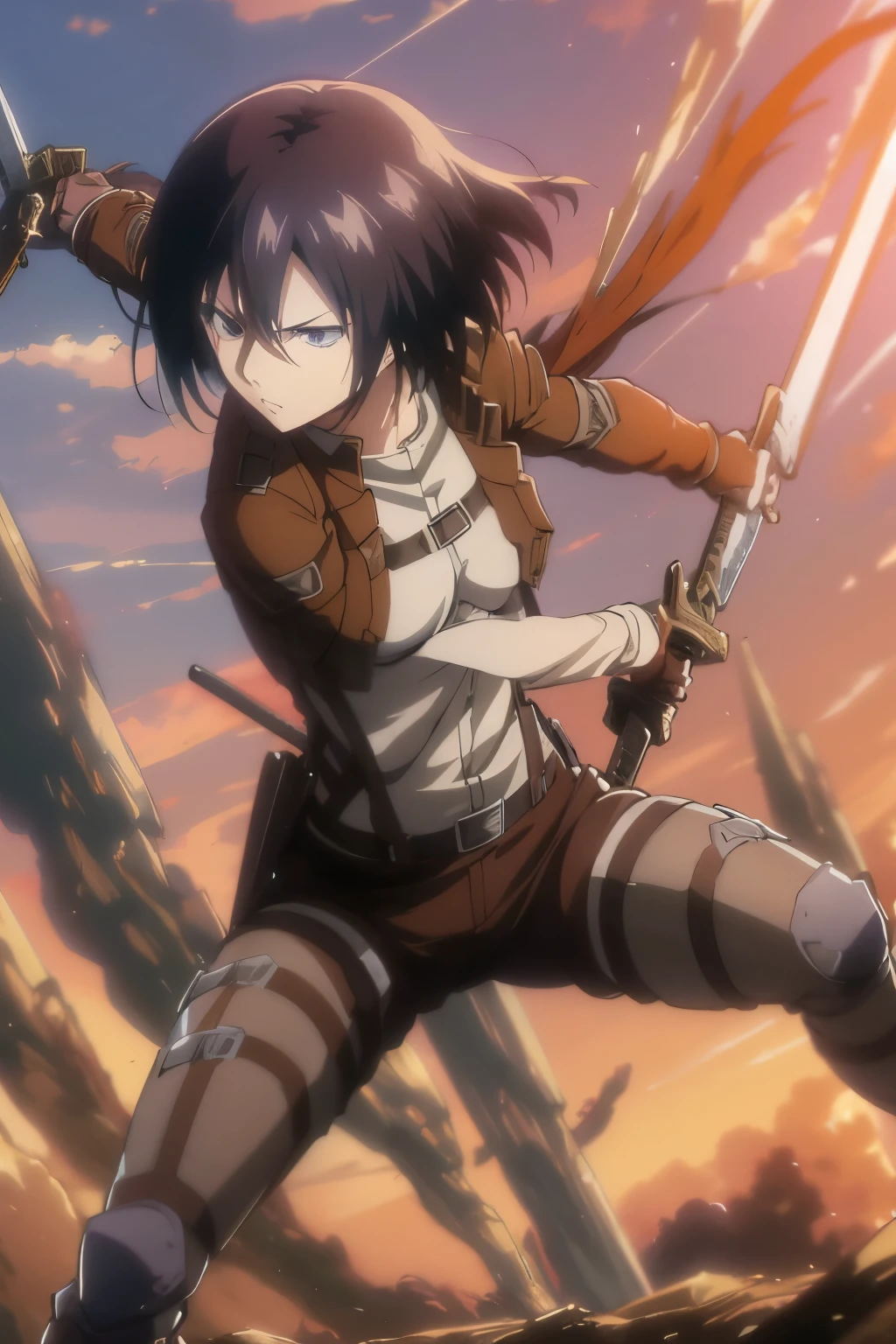 attack on titans, mikasa Ackerman, holding weapon, sword, dual wielding, three-dimensional maneuver gear, fighting stance, hands to face, face, realistic, 4K, detailed, angry face, ready for fight, flames, purple light, more shadows on face,