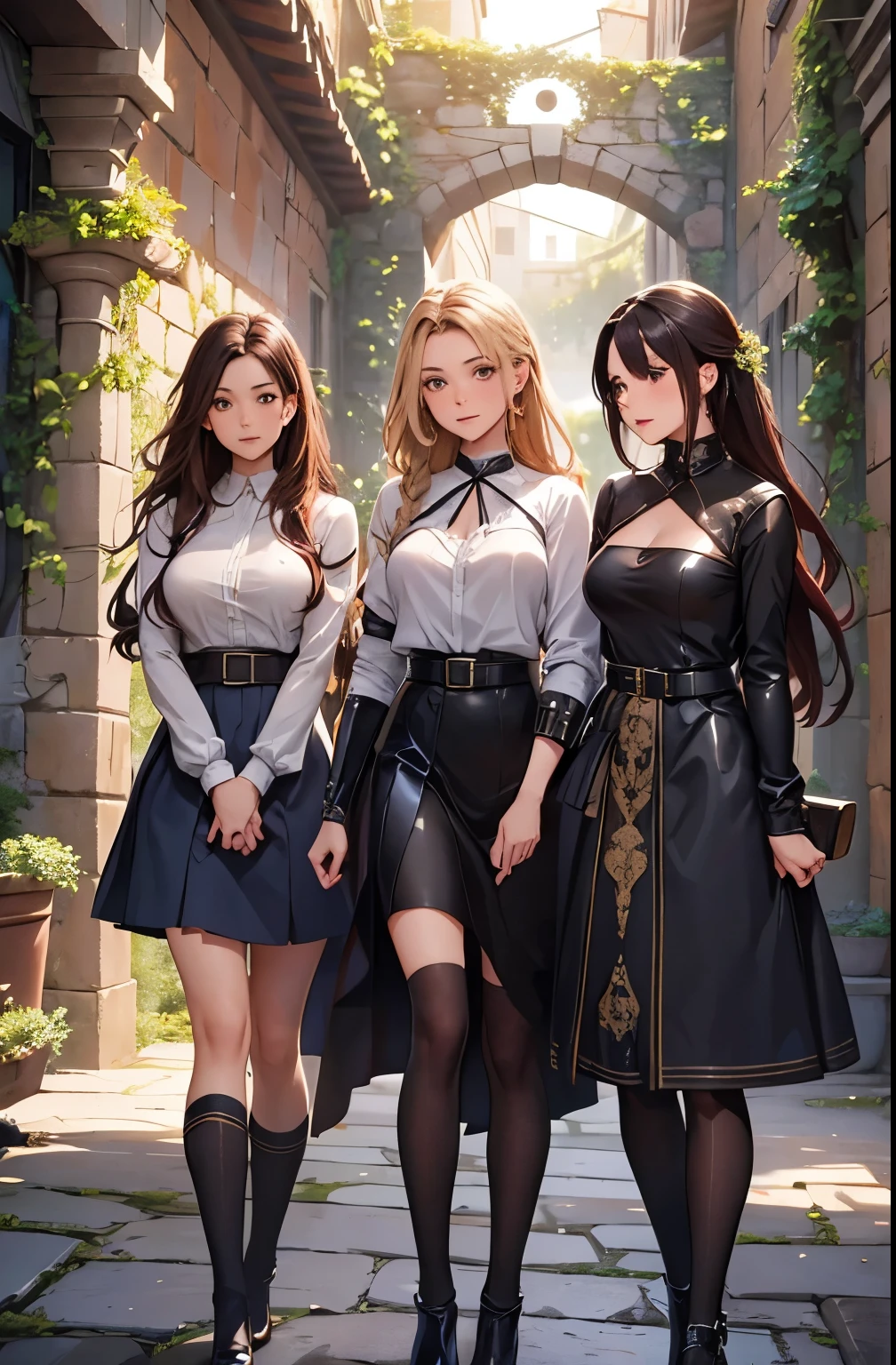 A group of four sexy young  women con generos escotes  posing together in a medieval stone courtyard, surrounded by ivy-covered walls and softly glowing lanterns. The setting is lit by warm torchlight, casting a gentle glow. Each woman wears a medieval-inspired outfit: tunics with intricate embroidery, leather belts, and flowing skirts in earthy colors. They have different hair colors: one with blonde hair crouches in the front, looking confidently at the camera; behind her, a redhead, and two with dark hair stand, each facing forward withssion, while the others are behind her, also looking towards the camera. Each person is wearing a stylish school uniform with a semi-sheer white shirt and a navy blue miniskirt, creating a coordinated yet unique look for each one. The scene has a soft, sexy and playful atmosphere, capturing a moment of sensuality and connection.