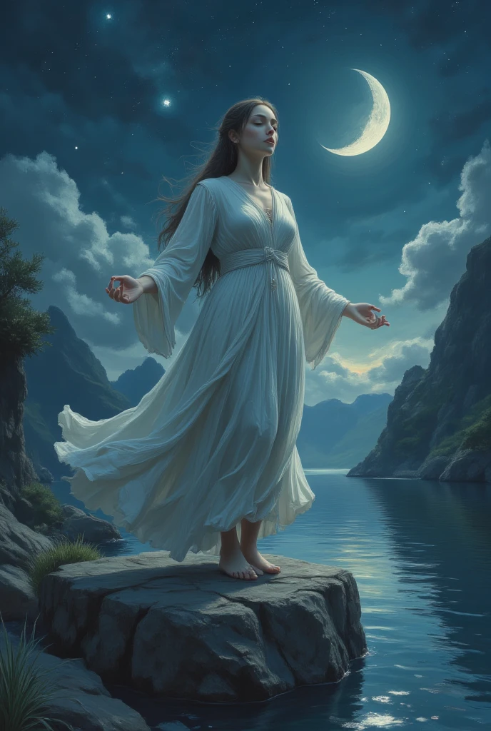 The image is a digital illustration of a woman standing on a rocky cliff overlooking a body of water. The woman is wearing a long, flowing white dress with a high neckline and long sleeves. She has her arms stretched out to the sides and her legs are slightly bent at the knees. Her head is tilted upwards and her eyes are closed, as if she is in a meditative state.

The background is a dark blue sky with stars and a crescent moon. The sun is shining brightly in the top right corner of the image, creating a beautiful and serene atmosphere. The sky is filled with clouds and the water below is calm and still. The overall mood of the illustration is peaceful and dreamlike.