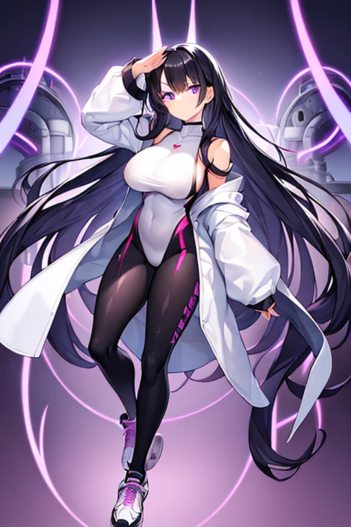1girl, black hair, long hair, serious, salute, purple eyes, white bodysuit, bodysuit, large breasts, breasts, futuristic, tech, science-fiction, machinery, mature female, thick thighs, long sleeves, full body