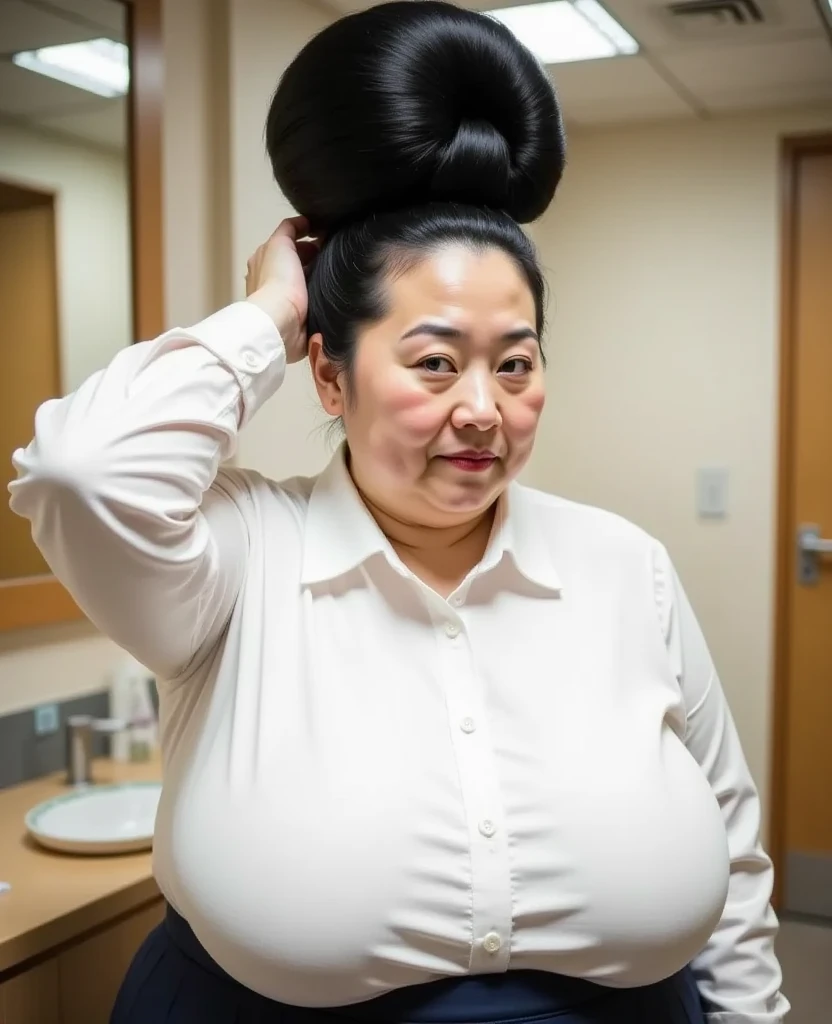 8k,Highest quality, masterpiece, Ultra-high resolution,(masterpiece:1.6, Highest quality), Intricate details, 1 female, Middle-aged woman in her 50s, japanese, full body, Arm up, top of head,((A gigantic hair bun, A huge hair bun:1.５)), ((jet Black Hair)) ,((forehead:1.5)), extremely obese, Fat face, round face, Saggy face, crow's feet wrinkies,((Absurdly huge breasts:1.5)), ((Absurdly Saggy breasts:1.5)), (( white collared shirt , navy blue skirt,:1.2)) ((Mature woman with huge hair bun taking care of her hair,Company changing room,mirror:1.5))