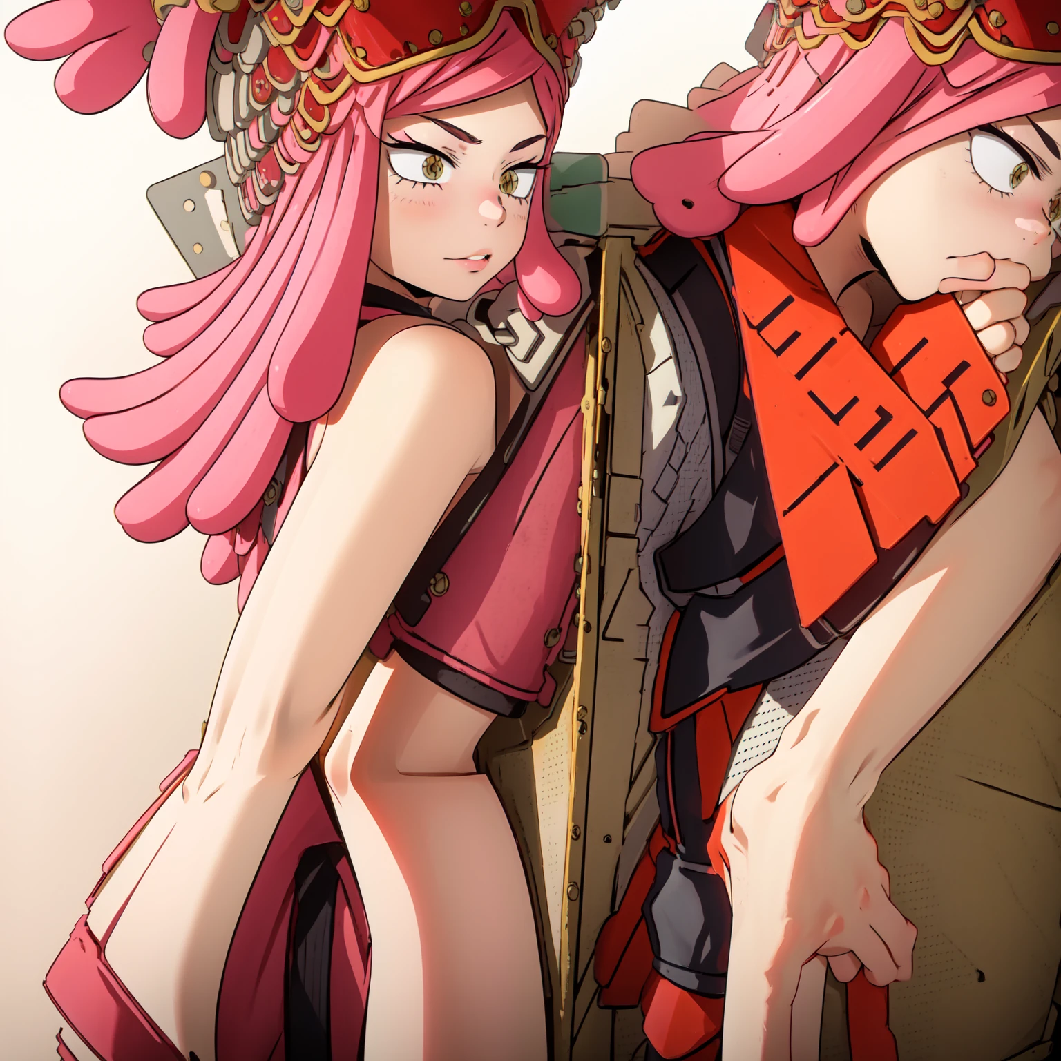 mei hatsume, yellow eyes, pink hair, medium hair, symbol-shaped pupils, large breasts,Mei is a girl with yellow eyes with her pupils in the shape of a crosshair and pink hair that is styled asymmetrically, with two longer strands on the right side of her face.(Wearing),+,(bikini)Hastume mei,lift your blouse, showing your ass