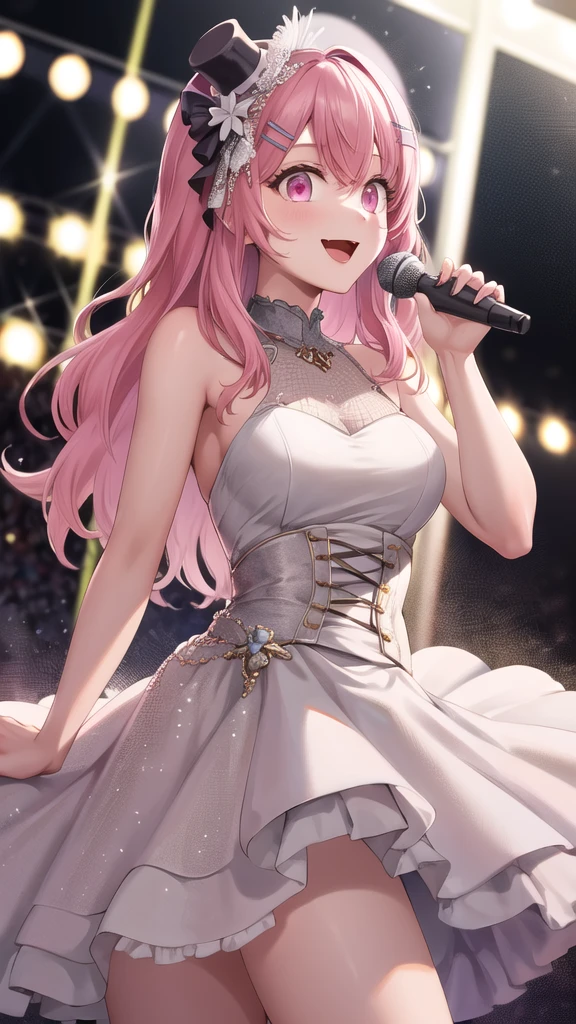 masterpiece, best quality, highres, 1girl, solo, long hair, pink hair, hairclip, bangs, pink eyes, dress, mini hat, idol clothes, smile, open mouth, stage, holding microphone,