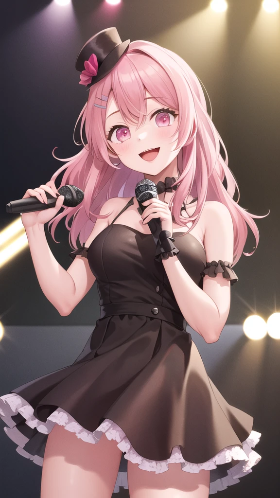 masterpiece, best quality, highres, 1girl, solo, long hair, pink hair, hairclip, bangs, pink eyes, dress, mini hat, idol clothes, smile, open mouth, stage, holding microphone,