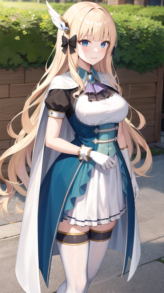 masterpiece, best quality, highres, aasaren, long hair, blonde hair, hair bow, black bow, hair ornament, blunt bangs, pointy ears, large breasts, brooch, white cape, aqua dress, underbust, short sleeves, white gloves, white skirt, frilled skirt, white thighhighs, standing, cowboy shot, outdoors