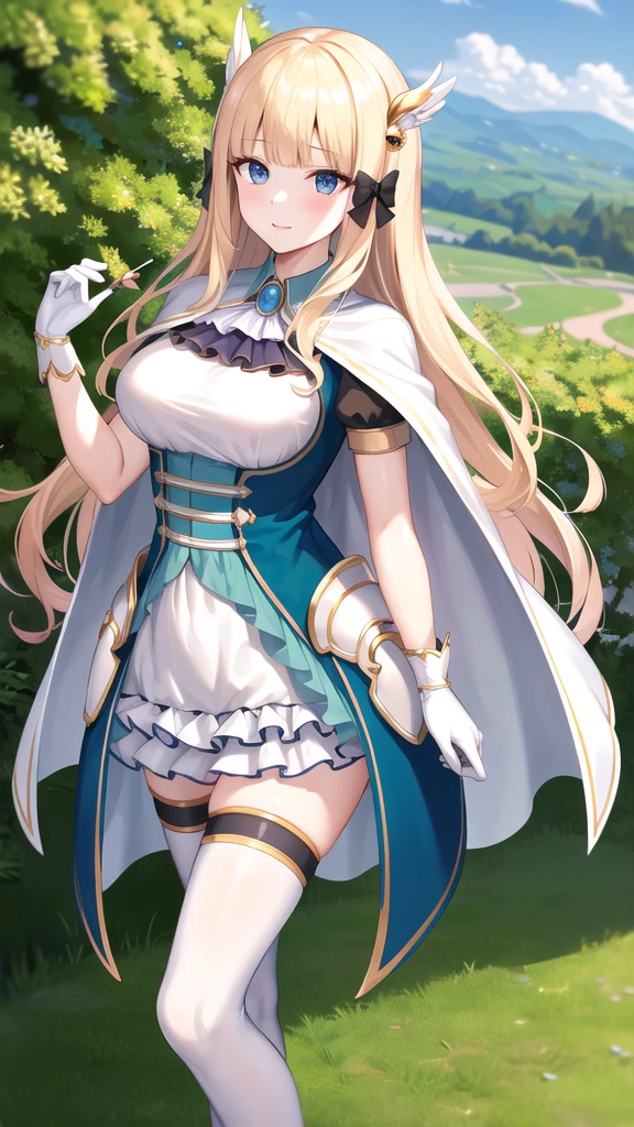 masterpiece, best quality, highres, aasaren, long hair, blonde hair, hair bow, black bow, hair ornament, blunt bangs, pointy ears, large breasts, brooch, white cape, aqua dress, underbust, short sleeves, white gloves, white skirt, frilled skirt, white thighhighs, standing, cowboy shot, outdoors