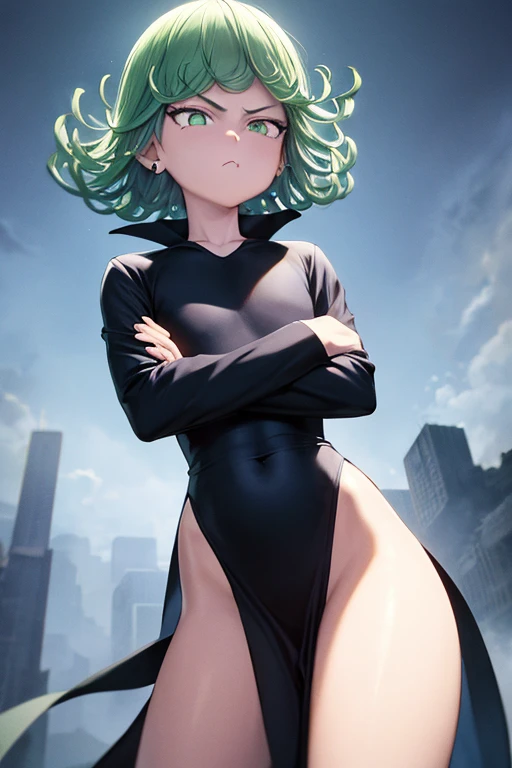 1girl, alone, Tatsumaki One Punch Man floating over a city, Anime girl, short hair, green hair, green eyes, Tatsumaki black outfit, Tatsumaki (One Punch Man) Clothing style, Black clothing, Black dress, long sleeve, pelvic curtain, Detailed clothes, masterpiece, symmetrical, serious face, very small breasts, small breasts, medium thigh medium waist, wide hips, 1 girl, bright green eyes, City Background, Sky Background, View from above, Bokeh, 4K Masterpiece, HDR , Anime art style, One Punch Man art style, sharp colors, vivid colors, green particles, iom