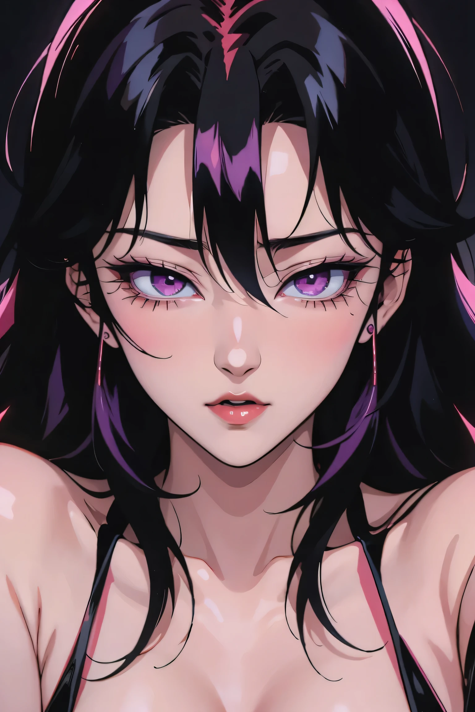 asian high school girl with long straight red hair and a fringe in the middle of the forehead, with big purple eyes and huge eyelashes, Lewd, horny, huge breasts, edgy graphic design with a multi neon colored palette, (sexy pose), seducing viewer, big black eyes, ulzzang, portrait, (anime), manga, sexy, Latex, 8k,Highest quality,masterpiece, Sharp focus, solid black background, soft lighting,