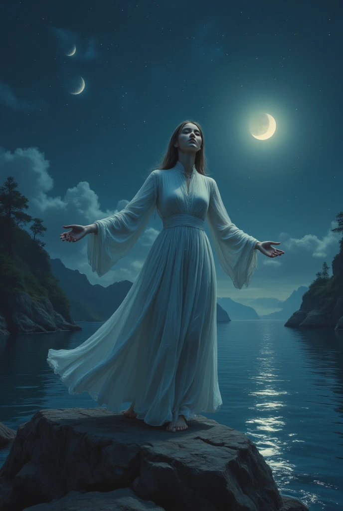 A woman stands on a rocky cliff, wearing a long, flowing white dress with a high neckline and long sleeves. Her arms are stretched out to the sides, legs slightly bent, head tilted upwards, and eyes closed in a meditative state. The dark blue sky is filled with stars and a crescent moon, with the sun shining brightly in the top right corner, casting a warm, golden glow. The water below is calm and still, reflecting the serene atmosphere. The scene is framed with a shallow depth of field, emphasizing the woman's ethereal presence, with a soft, dreamlike quality reminiscent of Terrence Malick's visual style. Film grain adds texture, and the color grading is cool and tranquil, enhancing the peaceful mood.