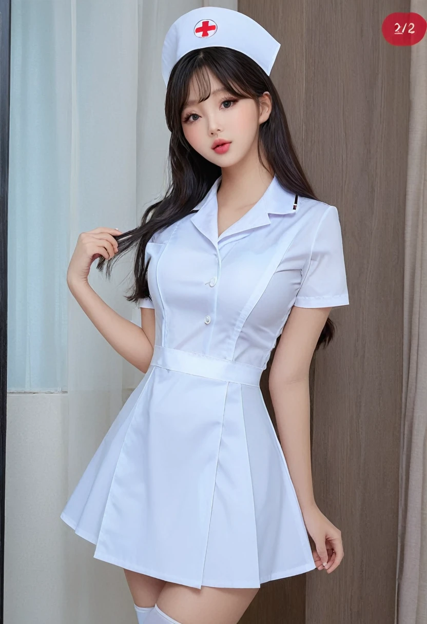 (best high quality:1.5), work of art, (8k), extremely detailed masterpiece, (tall details:1.4), solo, ((HotLexi)), ((Korean Ulzzang girl with 24 years old)), (nurse uniform), (perfect model face:1.4), (body of a hot with the shape of a perfect hourglass),