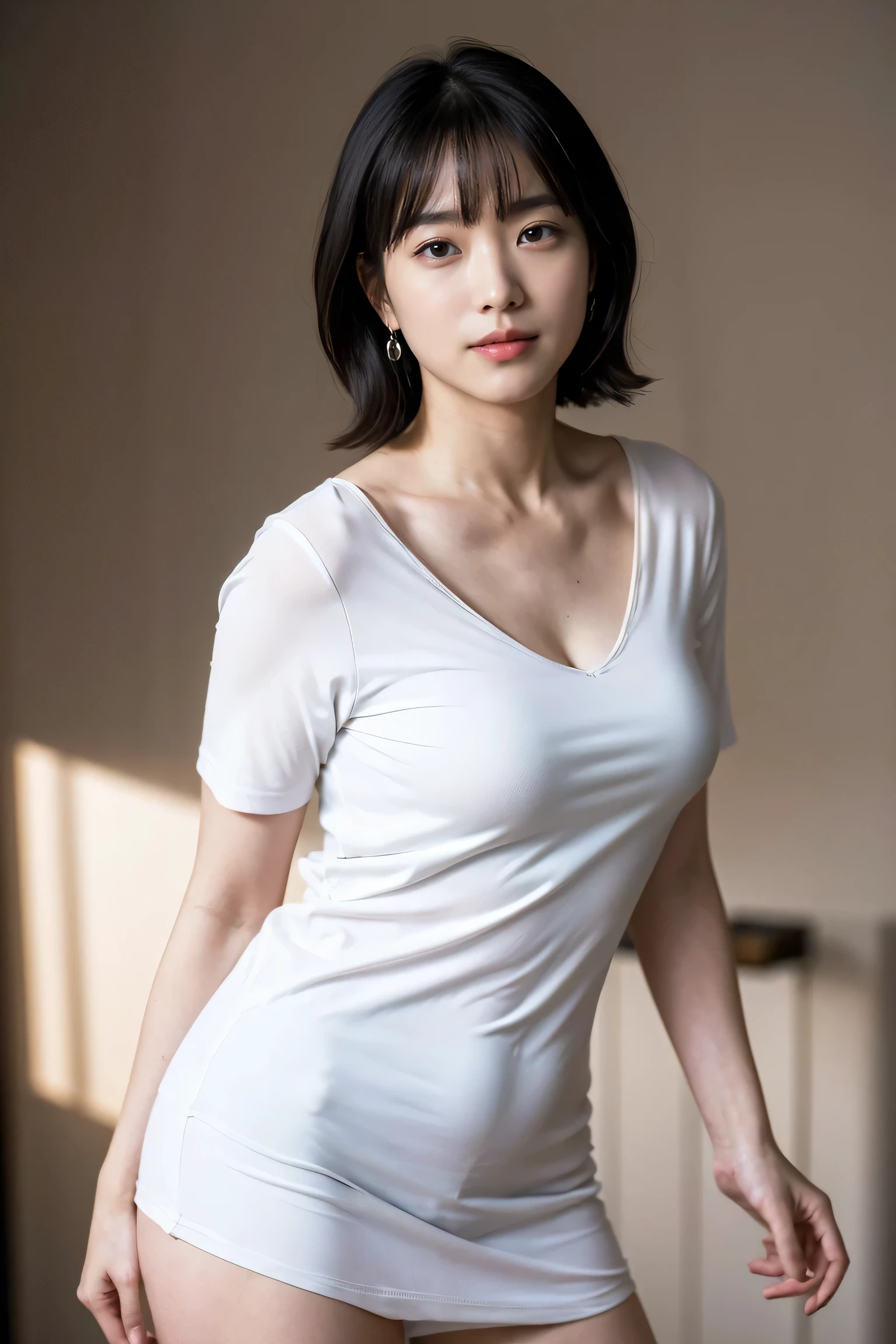 (8k, RAW Photos, Best Quality, masterpiece:1.2), ultra detailed, SUPER RESOLUTION , (Realistic, Realistic Photo:1.37), Portrait , High Quality RAW Color Photo , professional photo, very detailed and beautiful Shii , extremely detailed , 8k wallpaper, Wonderful!、 detailed, file size that emphasizes chest and crotch is large, Official Art, highly detailed CG unity 8k wallpaper, high definition beautiful Shii girl , high-definition face , very detailed eyes , high definition skin, High Resolution Finger, very detailed nose , very nicely drawn detailed mouth , COMPLETE ANATOMY, high res background , very detailed clothes , 1 girl, (18:1.2), 20th Generation, cute girl, Realistic body, smaller, white skin, growing skin , slender body, Handsome body, Black Hair , Hair curled, ( short bang :1.2), smile, cute, like々Shii, cute face, Realistic Face, Delicate Eyes, Droopy eyes, white t-shirt, short skirt , earrings for a woman alone, , cowboy shot, facing the front , upright posture, Contrasting, dynamic lighting , very big breasts ,
