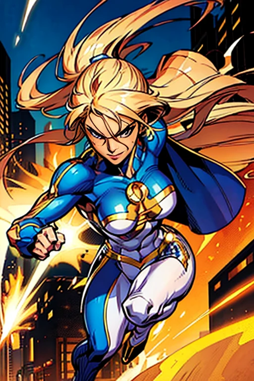 woman super heroine with  a costume in white and gold with a gold sun on her chest, running  down the street in the city, streaked hair, hair over shoulder, long hair, glaring, evil smile, speed lines, Action painting, anatomically correct, textured skin, super detail comic book style