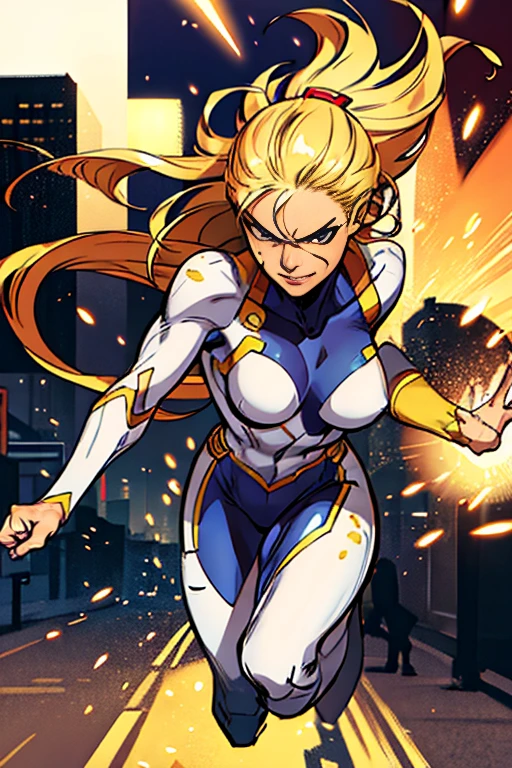 woman super heroine with  a costume in white and gold with a gold sun on her chest, running  down the street in the city, streaked hair, hair over shoulder, long hair, glaring, evil smile, speed lines, Action painting, anatomically correct, textured skin, super detail comic book style