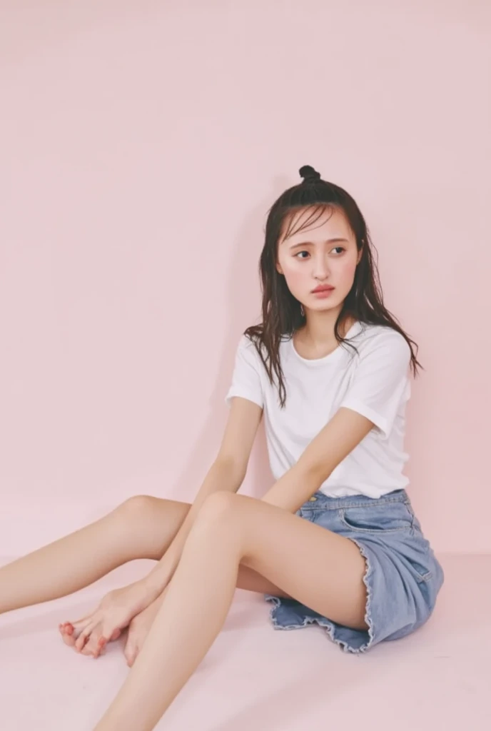 Full body shot from the front、Wearing off-the-shoulder mini one-piece pajamas, I'm sitting while looking at me while taking a pose with my knees bent and legs spread, Slender bare legs 、smile、The background is a monotone 

