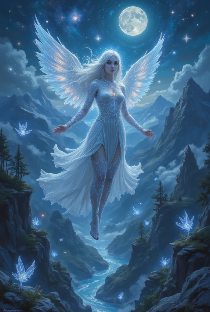 In a realm of shimmering twilight, a celestial being with a radiant aura floats amid floating crystal islands and forests of iridescent leaves. Her ethereal dress flows like starlight, and her hair cascades in silver streams. Below, rivers of luminous mist wind through valleys, and distant mountains glow with an inner light. The sky swirls with cosmic colors, and a moon with a face watches over, casting a silver glow. Magic pulses through the air, creating swirling patterns of light and energy, and fantastical creatures with wings of light flit between the crystal trees.