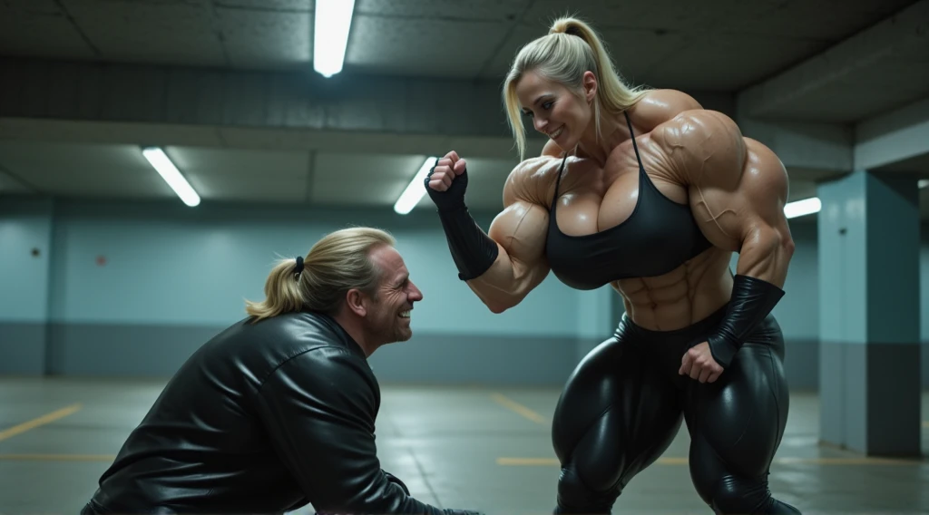 From a close mid-angle, a old woman, 58 years old, of European descent, stands in a deserted parking garage with flickering fluorescent lights overhead. Her figure is imposing and muscular, each fiber of her body marked beneath her tight outfit. Her fair skin has fine wrinkles that add an air of authority and toughness, while her elongated face and straight nose emphasize her merciless expression. Her gray eyes are filled with cold calculation, and her sadistic smile shows she relishes the control she has at this moment.

She wears a tight black leather ensemble that highlights her musculature and pronounced curves. Her cropped top reveals her defined abs, and a leather jacket rests on her shoulders. Her leather pants fit like a second skin, and her high boots make a metallic sound with each step. Her blonde hair, tied in a high ponytail, falls over her back, glinting under the fluorescent light.

In front of her, a thin, fragile man around 40 years old crouches on the ground, his face contorted with pain and fear. She has struck him hard, and while he tries to shield himself with his hands, she raises her fist again, ready for another blow. The camera captures the exact moment she smiles sadistically, her lips curling in satisfaction as she watches him groan and writhe in pain. The dim light accentuates her tensed muscles and ruthless expression, creating a powerful and unsettling image of dominance.

