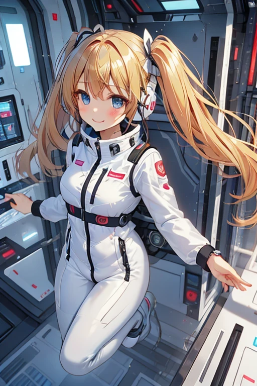 masterpiece, Best Quality, very detailed, 8K Portrait, Japanese Android Girl, plump, floating in zero gravity, dynamic floating pose with hands elegantly crossed behind back, space hotel bedroom, control panel, Robotic arms and legs, short bang, BREAK (Metallic Gray, Metallic luster, Milonish, Astro Best):5, headphones:5, BREAK (black sleeve):100, Smart Watches, futuristic space station interior, modern space hotel room, zero gravity jump motion, hair floating weightlessly, BREAK (blonde hair):2, (twin tails):1.5, blue eyes, Watch Viewers, (Artificial respirator), BREAK blush:3, playful floating pose, gentle smile, hair ribbons flowing in zero gravity, suspended in air, weightless gesture