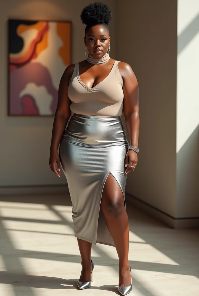 a realistic photo of a thick curvy bombshell 30 years old with ponytail walking in a street in Paris in midnight. SHE HAS HUGE BOOBS AND BUTT. she is wearing a very SHORT lame very soft silver gown and with open back down to waist. she is wearing silver high heels and silver luxury jewelry. its midnight. MAKE HER SKIRT VERY SHORT. upper than her thigh. "ITS MIDNIGHT"