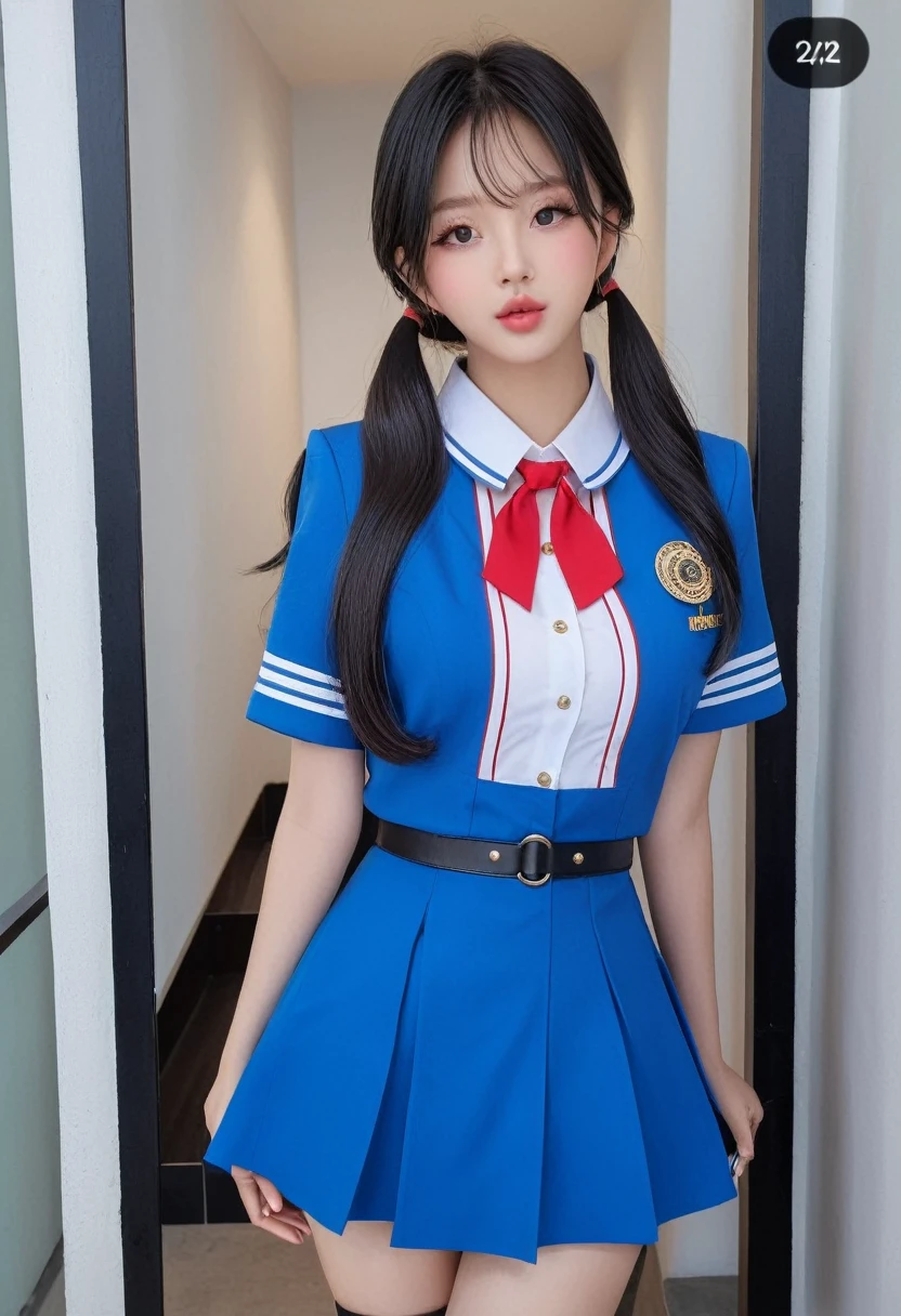 (best high quality:1.5), work of art, (8k), extremely detailed masterpiece, (tall details:1.4), solo, ((HotLexi)), ((Korean Ulzzang girl with 24 years old)), (bitch uniform), (perfect model face:1.4), (body of a hot with the shape of a perfect hourglass),