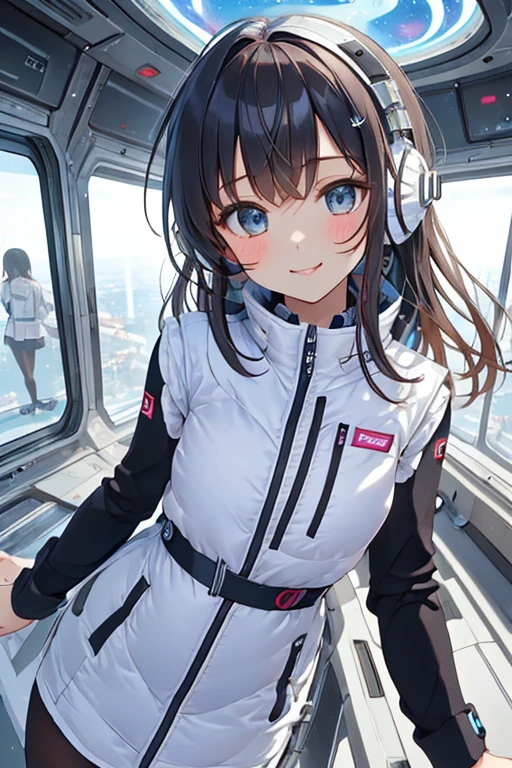 masterpiece, Best Quality, very detailed, 8K Portrait, Japanese Android Girl, plump, floating in zero gravity, dynamic floating pose with hands elegantly crossed behind back, masterpiece:1.2, (best quality), (highly detailed:1.3), (portrait shot):5, (4girls):20, group shot, (pink astrovest):50, (blue astrovest):50, medium wide shot, enjoy, smile, upper body, (shiny astrovest), (futuristic down vest), headphone, (black tights), (black long sleeves):2, black belts, smartwatch:3, smiles, (black long hair):2, beautiful big eyes, japanese idol girl, looking at viewer, 22 years old,

(luxurious futuristic space hotel room):1.4, (minimalist white interior design):1.3, (floor-to-ceiling curved windows):1.4, (Earth visible through window):1.3, (space and stars visible):1.2, (floating holographic displays):1.1, (ambient LED lighting):1.2, (chrome and white furniture):1.2, (modern art installations):1.1, (anti-gravity decorative elements):1.1, (sleek white walls):1.2, (panoramic space view):1.3, (clean sophisticated atmosphere):1.2, indoors, commemorative photo setting --aspect 9:16