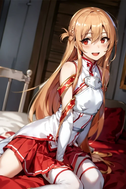 ((Best Quality)), ((masterpiece)), (be familiar with),  perfect face, indoor, bedroom,  watching viewers ,
One woman, Yuuki Asuna,
 characters with open mouth ,  ecstatic expression, blush, smile,
Small breasts,  flat chest, , ,  kids, Girl,
Long Hair,  long hair ,
Leg spread,