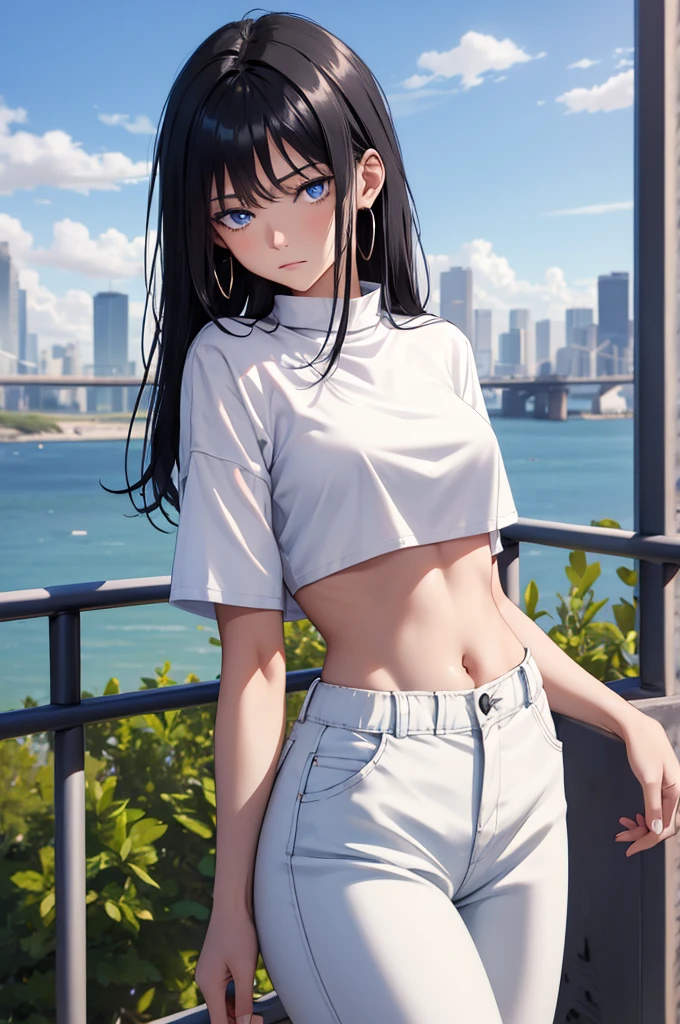 (masterpiece:1.3), (Best Quality:1.3), (Ultra-detailed:1.2), ((kawaii)), Cute, (lovely), ((sexy)), ((Extremely detailed)), 4K, (8K), Best Quality, (Beautiful), Illustration, anime style, (bold line:1.2), Gradation, looking at viewer, //, (bent down:1.1), (arms behind back), //, a cute girl, 1girl, (solo:1.2), gleaming skin, //, (flat chested), (Perfect eyes:1.2), (Perfect iris:1.2), //, darkblue hair color, (beautiful eyes) //, (half closed eyes:1.3), (sexual expression:1.2), Fascinated expression, smile, (blush:1.2), //, modern city background, on rock, twin tails, muscle girl, hard abs, exposed abs, loose tank top with skirt