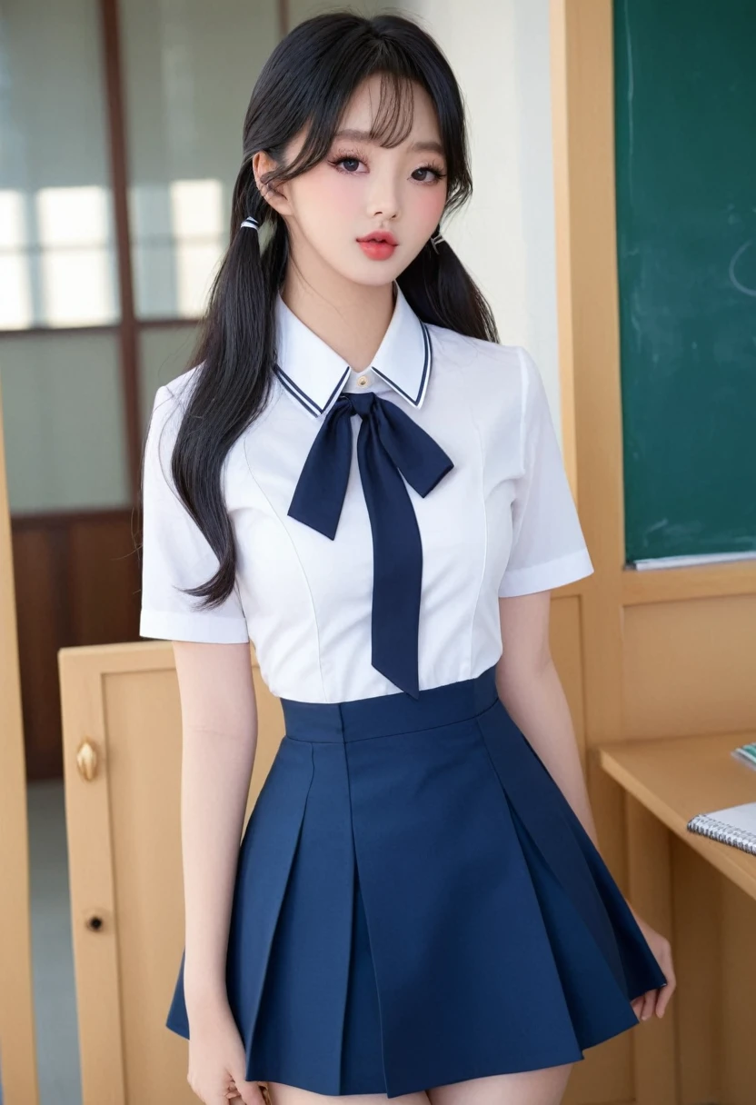 (best high quality:1.5), work of art, (8k), extremely detailed masterpiece, (tall details:1.4), solo, ((HotLexi)), ((Korean Ulzzang girl with 24 years old)), (formal uniform), (perfect model face:1.4), (body of a hot with the shape of a perfect hourglass), ((in school)),