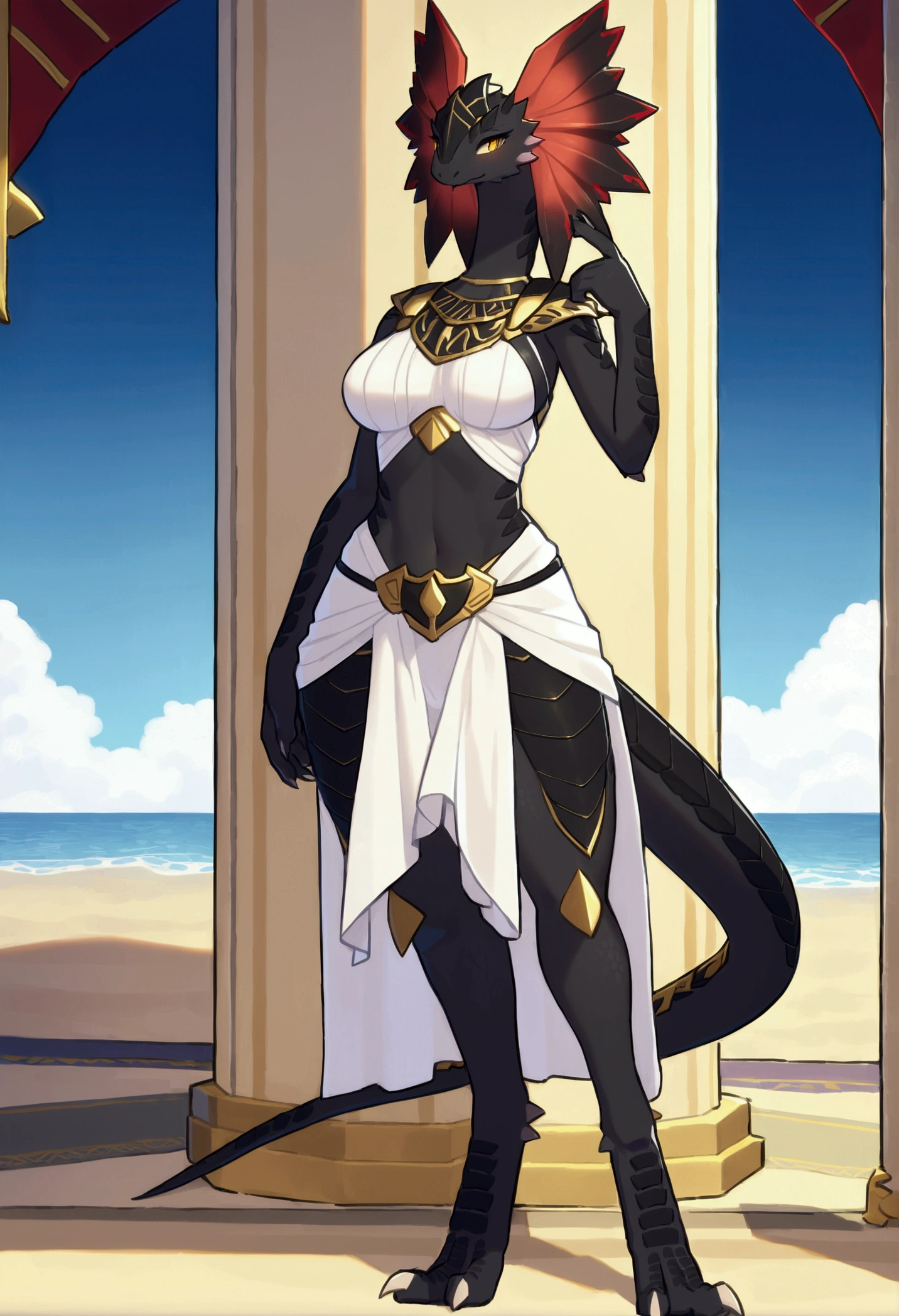 masterpiece, best quality, 1girl, anubis, red eyes, furry, smile, animal ears, gold bracelet, furry female, horny, white sexy dress, sketch, standing, egyptian temple background