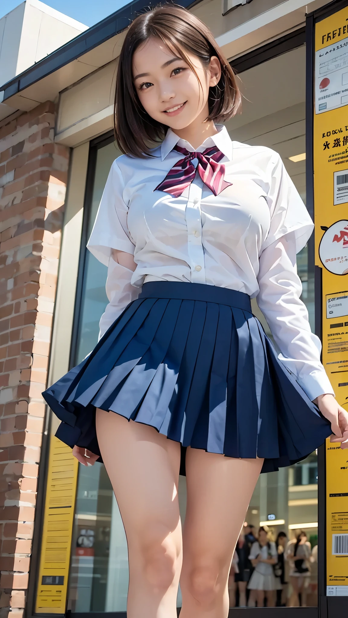 Best Quality,masterpiece, ultra high resolution,high definition raw color photo, professional photography, natural skin texture, fine skin, hyperrealism, Japanese Women,((smile, Shortcut Hair((Schoolgirl uniform,WHITE shirt,windy up skirt,Skirt fluttering in the wind,panty shot), Navy pleated skirt,Short tie)),spread legs,walking,(gigantic breast)), shopping mall surrounded by high school students