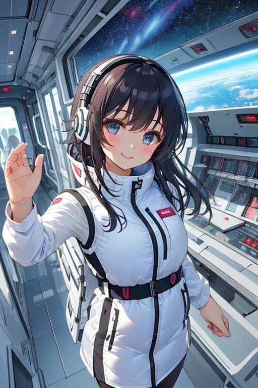 masterpiece, Best Quality, very detailed, 8K Portrait, Japanese Android Girl, plump, floating in zero gravity, dynamic floating pose with hands elegantly crossed behind back, masterpiece:1.2, (best quality), (highly detailed:1.3), (portrait shot):5, (4girls):20, group shot, (pink astrovest):50, (blue astrovest):50, medium wide shot, enjoy, smile, upper body, (shiny astrovest), (futuristic down vest), headphone, (black tights), (black long sleeves):2, black belts, smartwatch:3, smiles, (black long hair):2, beautiful big eyes, japanese idol girl, looking at viewer, 22 years old,

(luxurious futuristic space hotel room):1.4, (minimalist white interior design):1.3, (floor-to-ceiling curved windows):1.4, (Earth visible through window):1.3, (space and stars visible):1.2, (floating holographic displays):1.1, (ambient LED lighting):1.2, (chrome and white furniture):1.2, (modern art installations):1.1, (anti-gravity decorative elements):1.1, (sleek white walls):1.2, (panoramic space view):1.3, (clean sophisticated atmosphere):1.2, indoors, commemorative photo setting --aspect 9:16