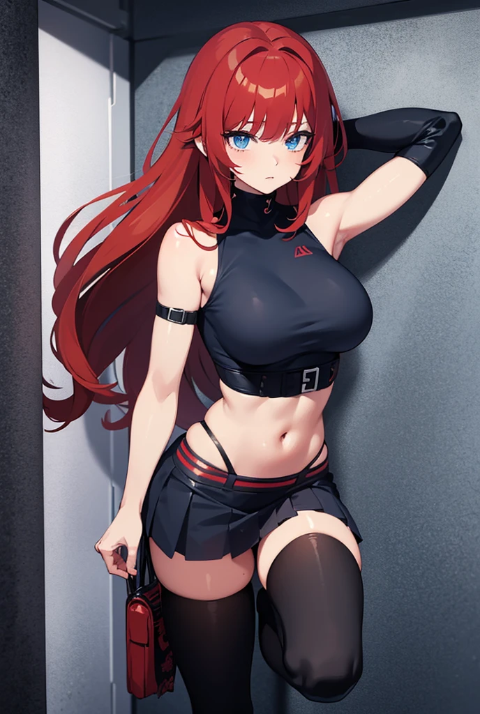 (masterpiece、top-quality)、独奏、1womanl、Red hair、Longhaire、Blue eyes、A smile、dressed casually、Wearing a hood、Breasts are protruding、Navel、White skin as clear as snow、Fantastical、Futuristic city、Near Future Background、natta