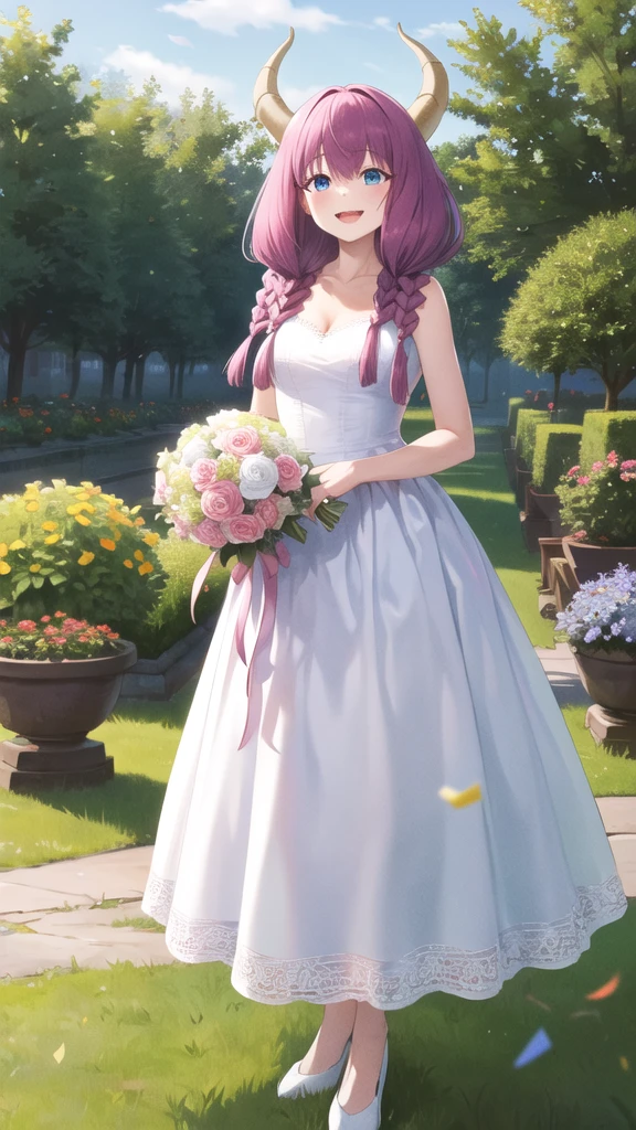 masterpiece, best quality, highres, aaaura, braid, twin braids, horns, blue eyes, wedding dress, white dress, garden, smile, open mouth, holding bouquet, confetti, standing, cowboy shot,